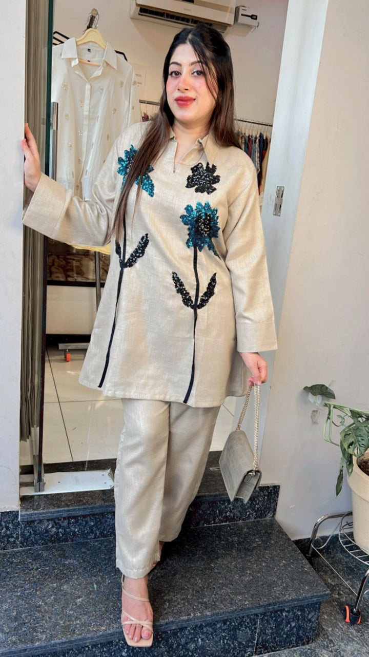 Beige Floral Sequins Detailing Co ord Set