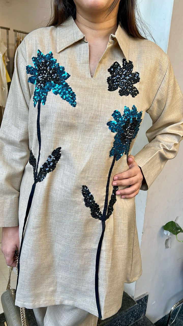 Beige Floral Sequins Detailing Co ord Set