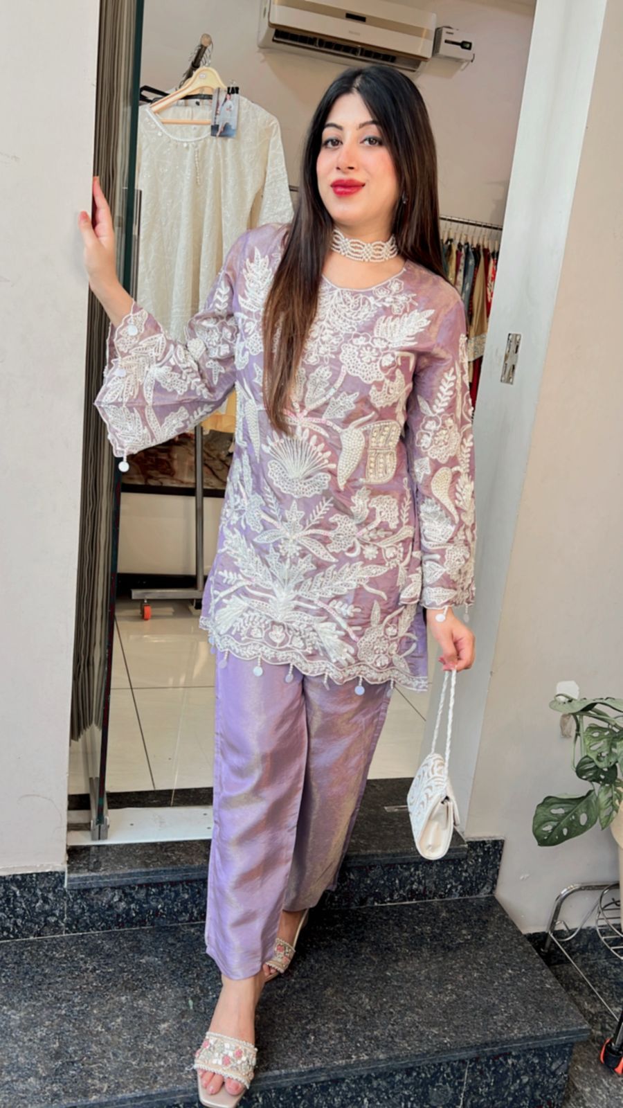 Lavender Premium Shimmer Organza silk with handwork