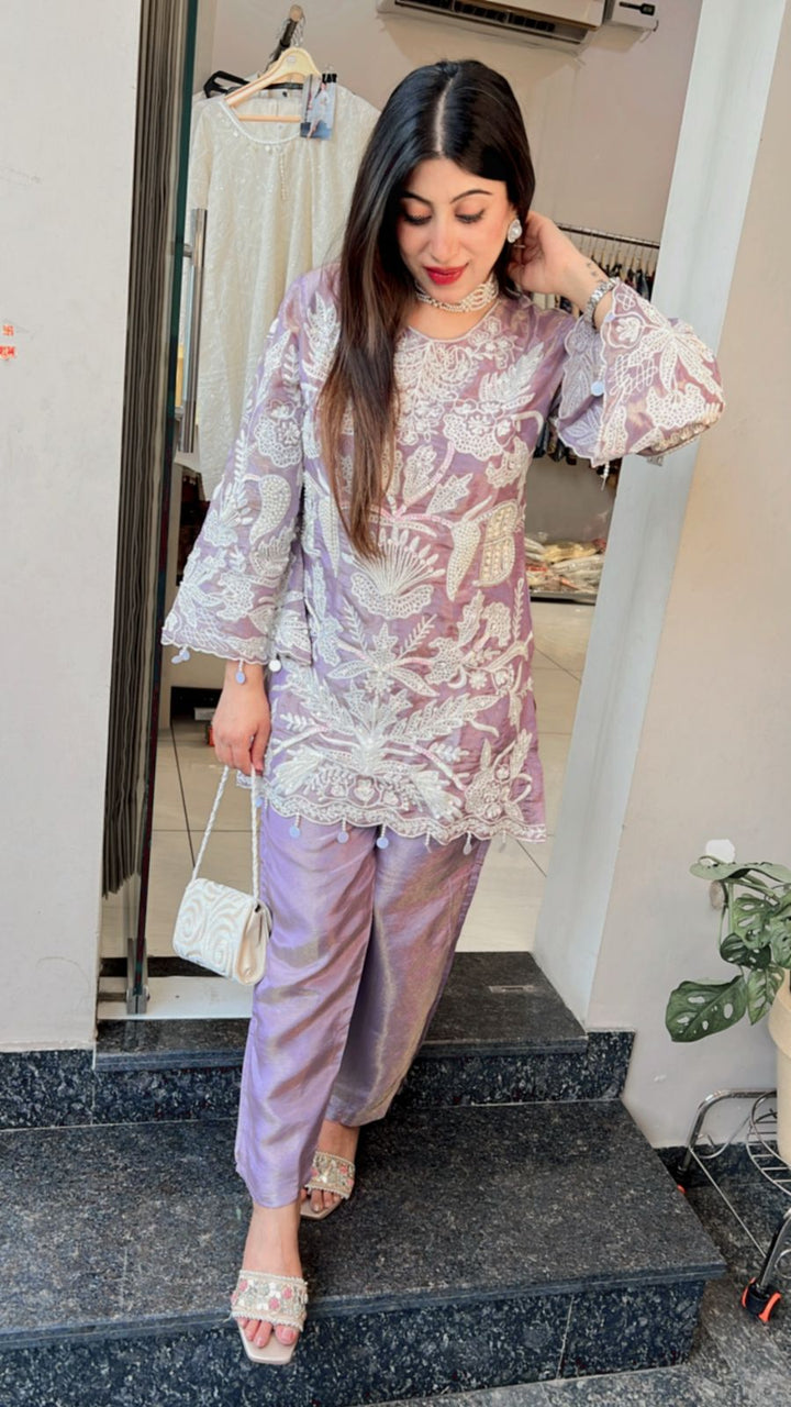 Lavender Premium Shimmer Organza silk with handwork