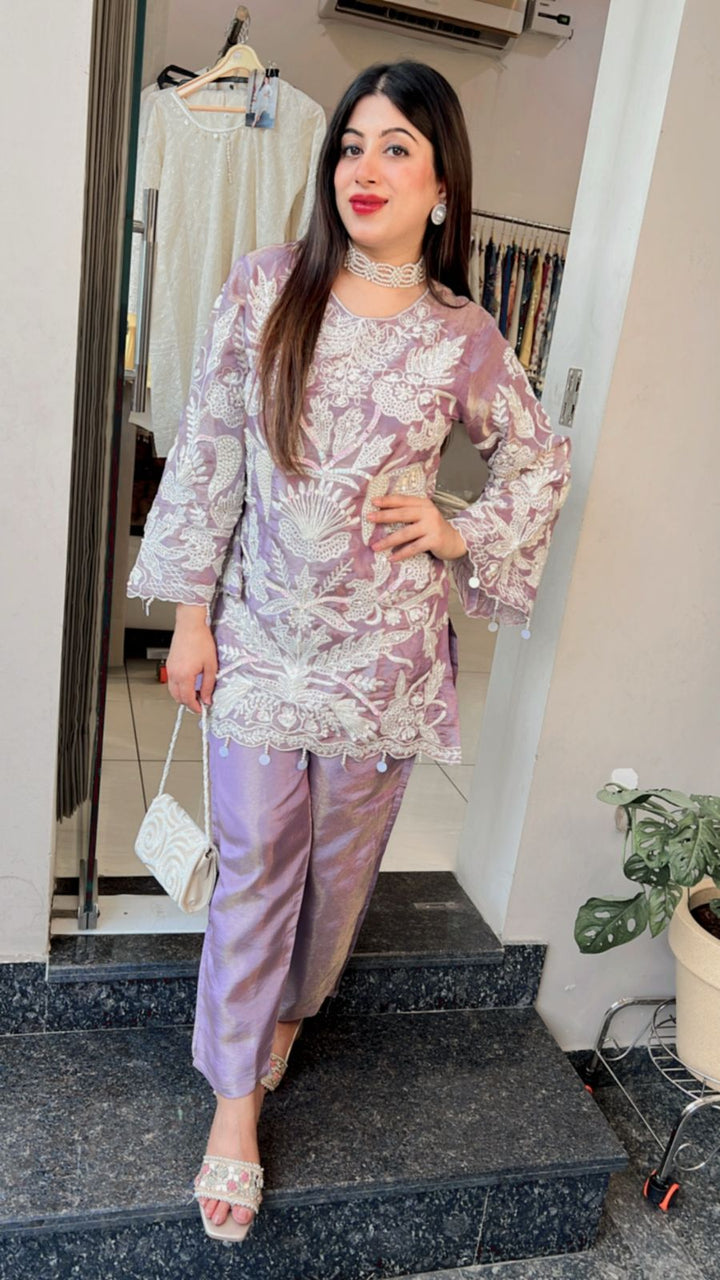 Lavender Premium Shimmer Organza silk with handwork