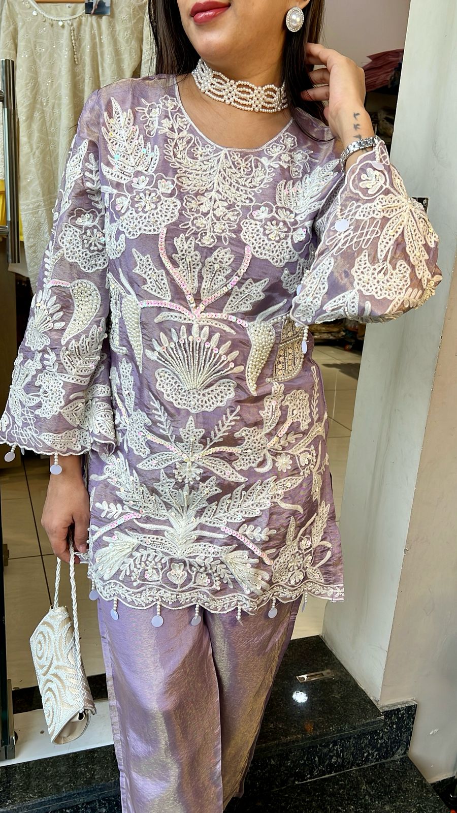 Lavender Premium Shimmer Organza silk with handwork
