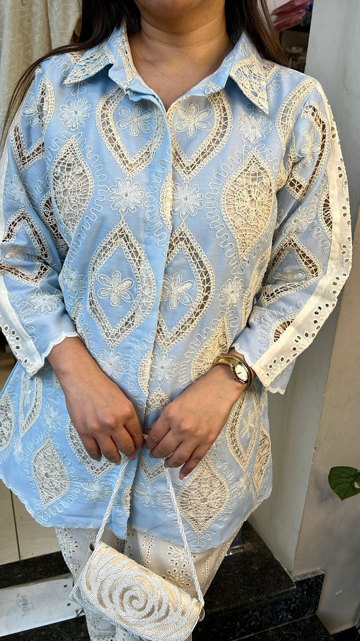 SKY BLUE COTTON CROCHET CO-ORD SET
