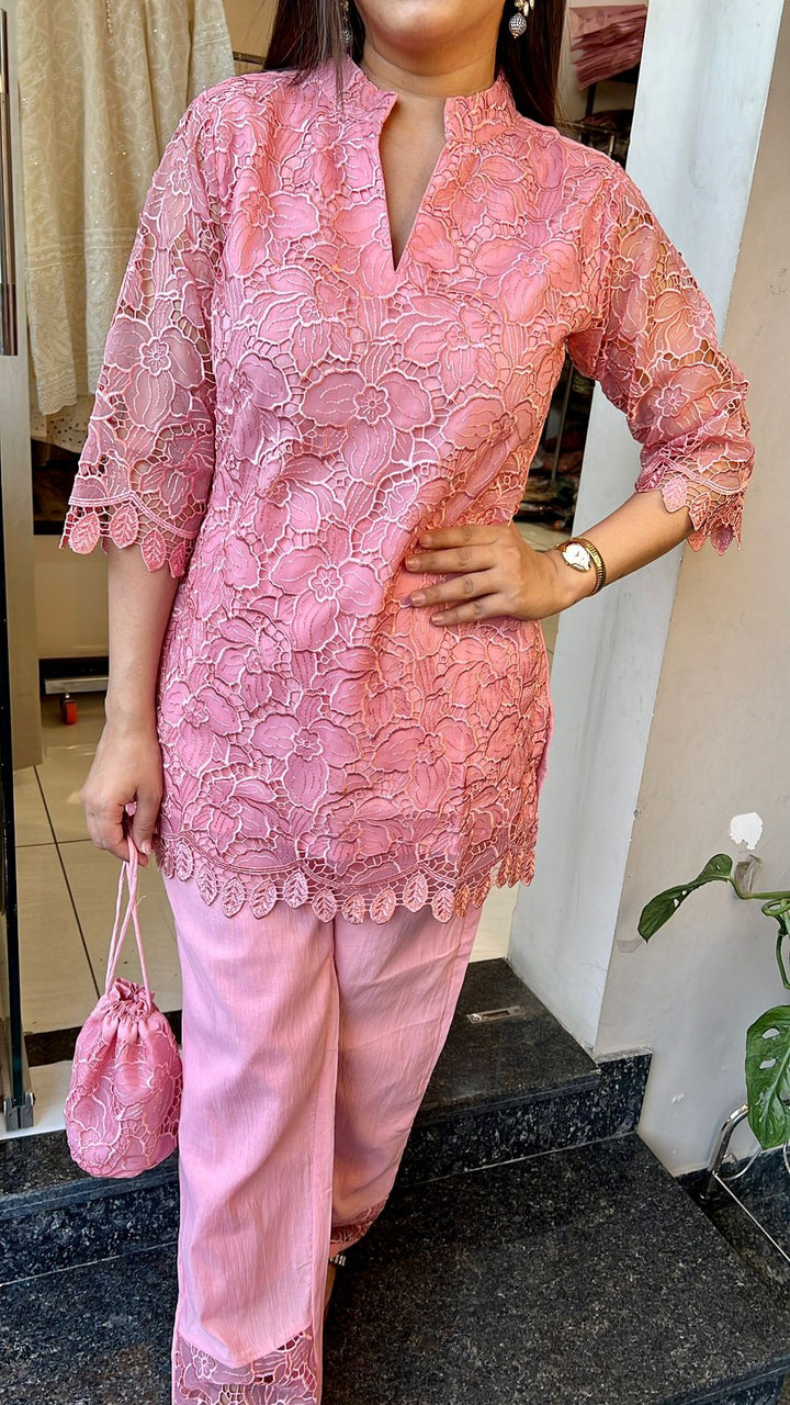 ONION PINK ORGANZA SCHIFFLI CO-ORD WITH POTLI BAG