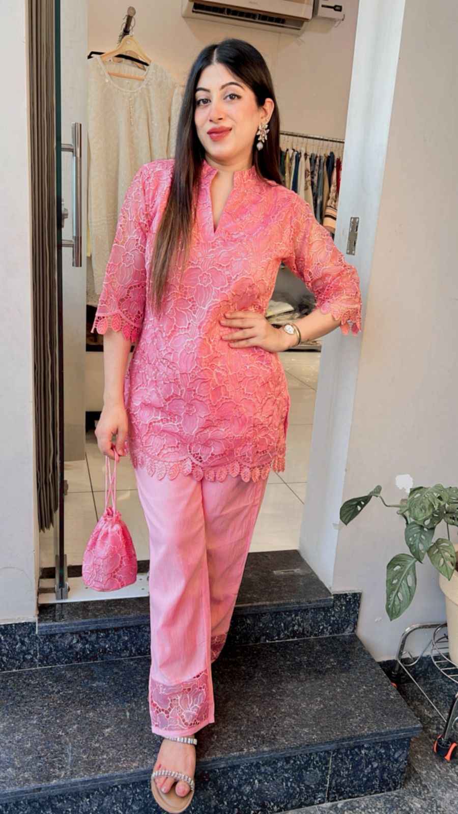 ONION PINK ORGANZA SCHIFFLI CO-ORD WITH POTLI BAG
