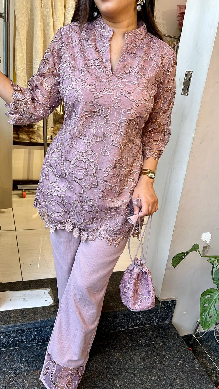 ONION PINK ORGANZA SCHIFFLI CO-ORD WITH POTLI BAG