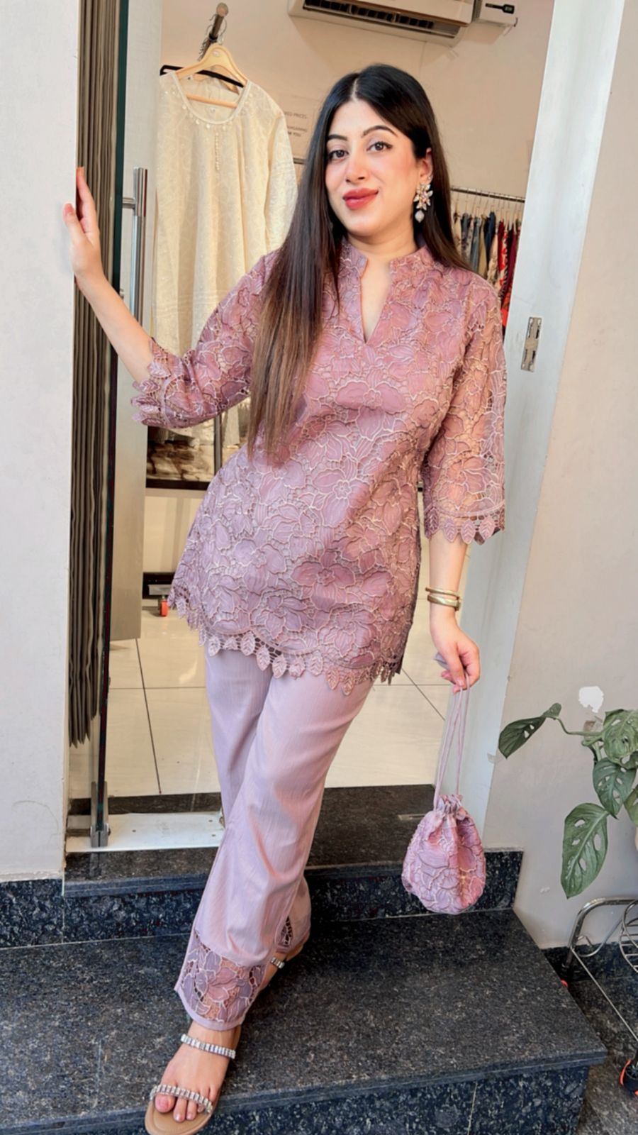 ONION PINK ORGANZA SCHIFFLI CO-ORD WITH POTLI BAG