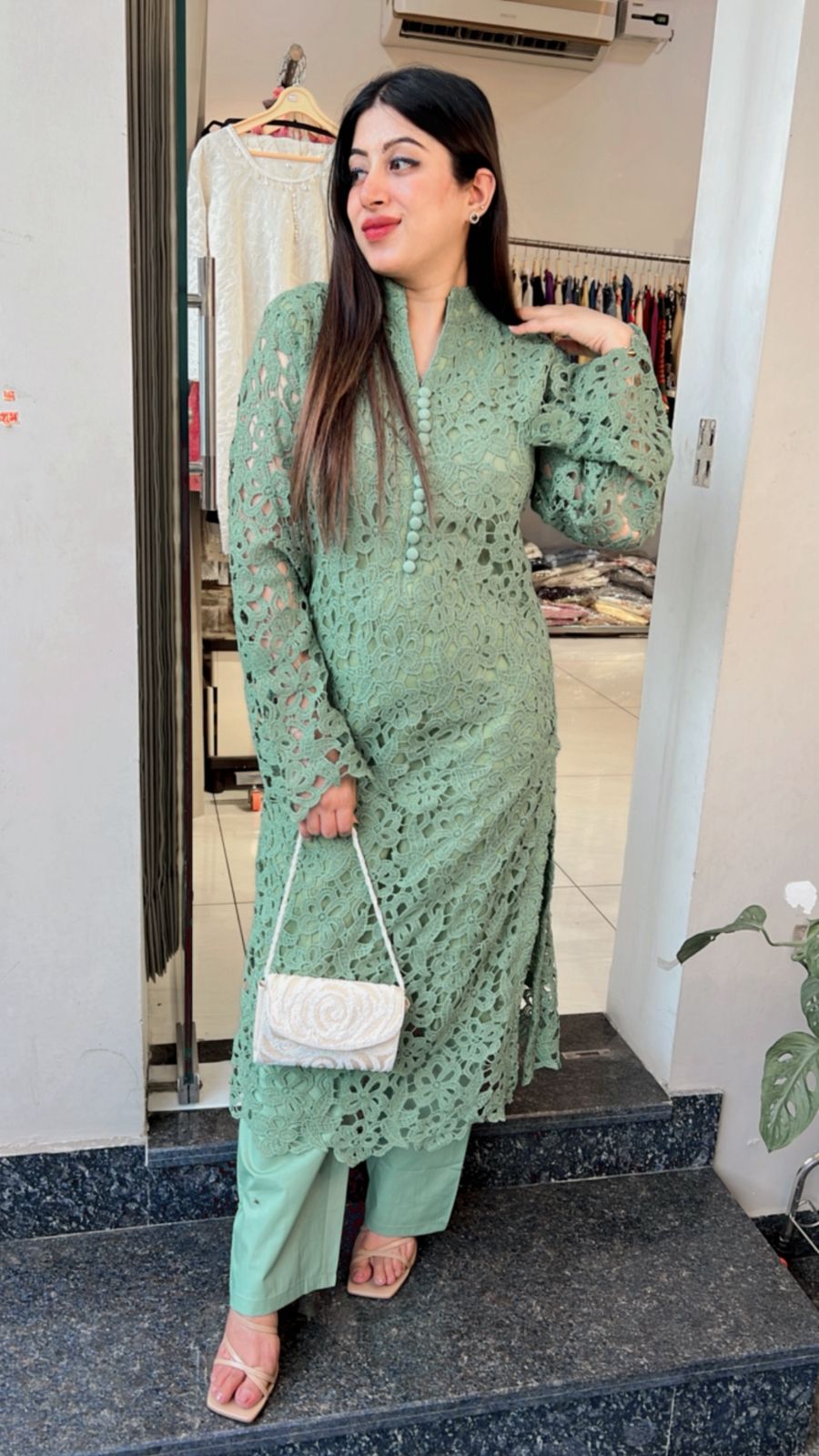 GREEN CROCHET COTTON CO-ORD WITH LINING
