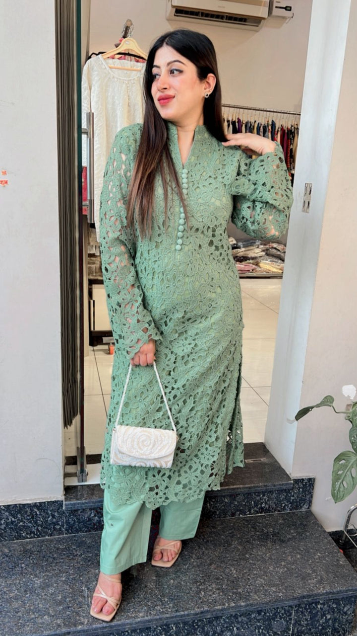 GREEN CROCHET COTTON CO-ORD WITH LINING