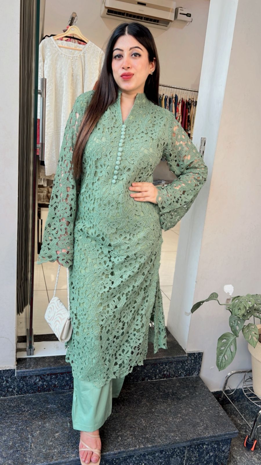 GREEN CROCHET COTTON CO-ORD WITH LINING
