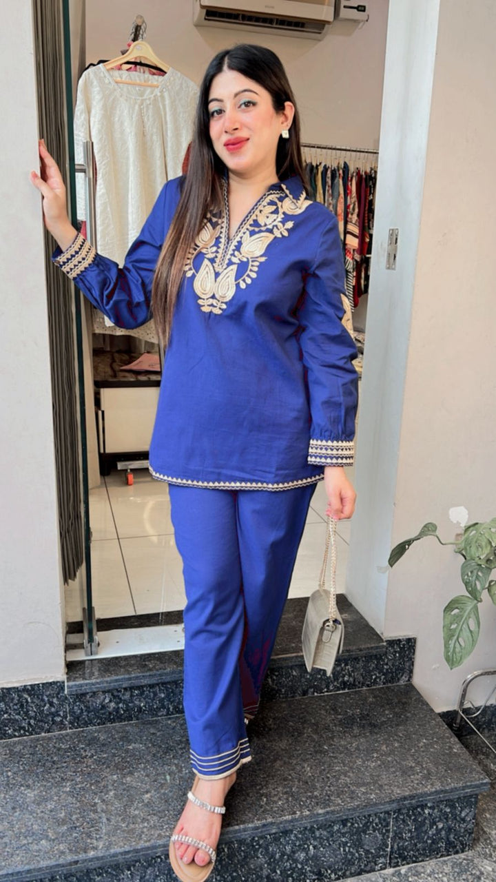 ROYAL BLUE KHADI COTTON EMBROIDERED CO-ORD