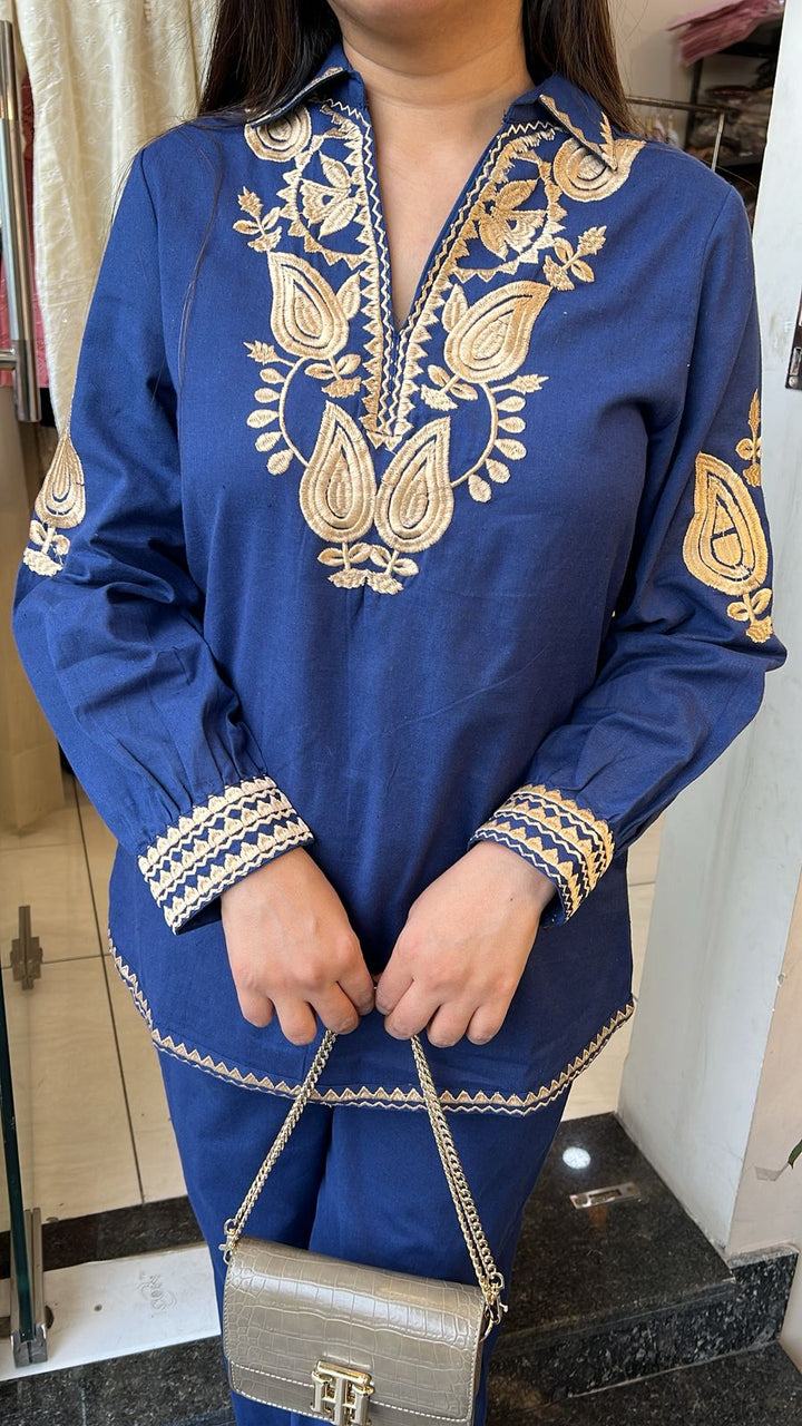 ROYAL BLUE KHADI COTTON EMBROIDERED CO-ORD