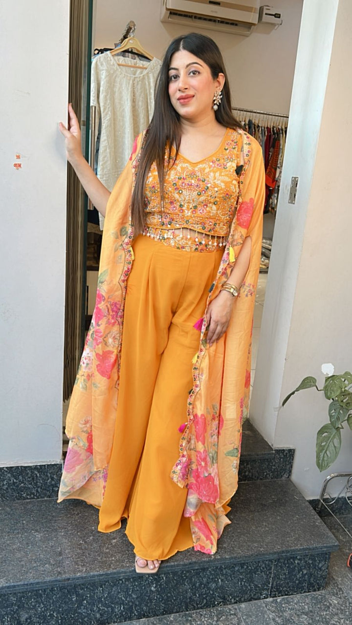 YELLOW MUSTARD EMBELLISHED INDO WESTERN SET