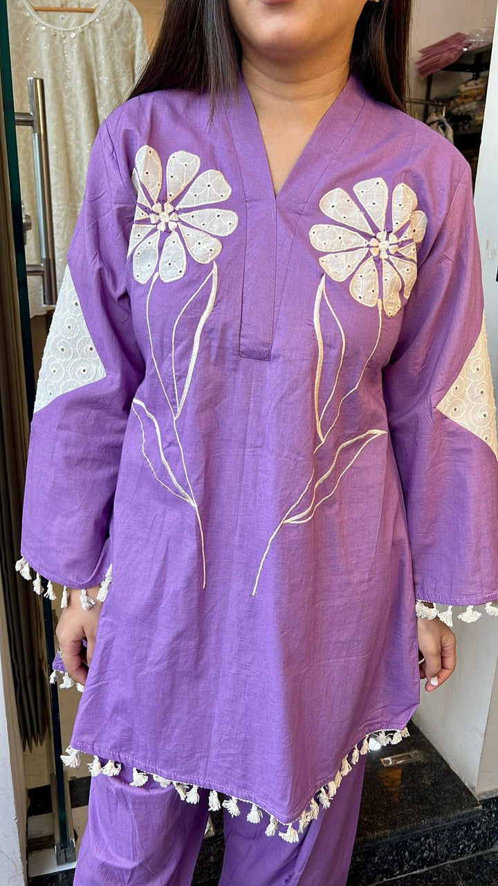PURPLE SCHIFFLI DETAILING FARSHI SALWAR SET