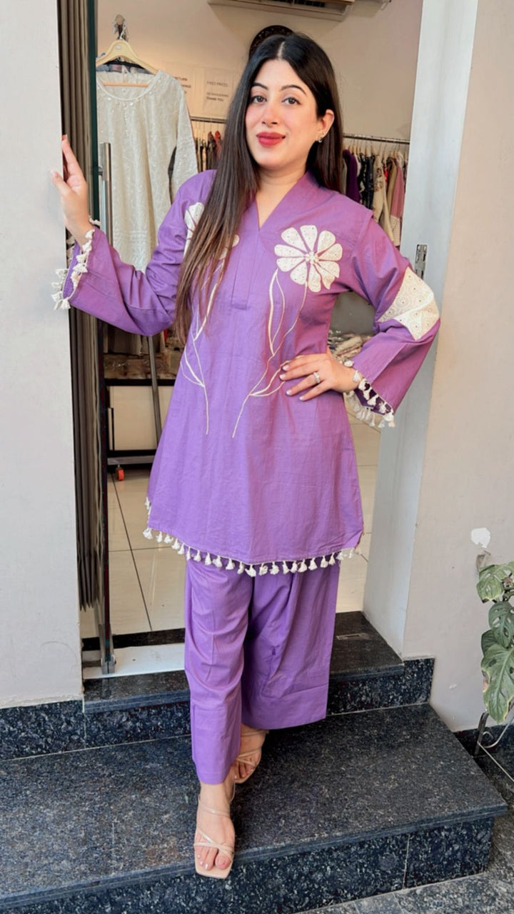 PURPLE SCHIFFLI DETAILING FARSHI SALWAR SET
