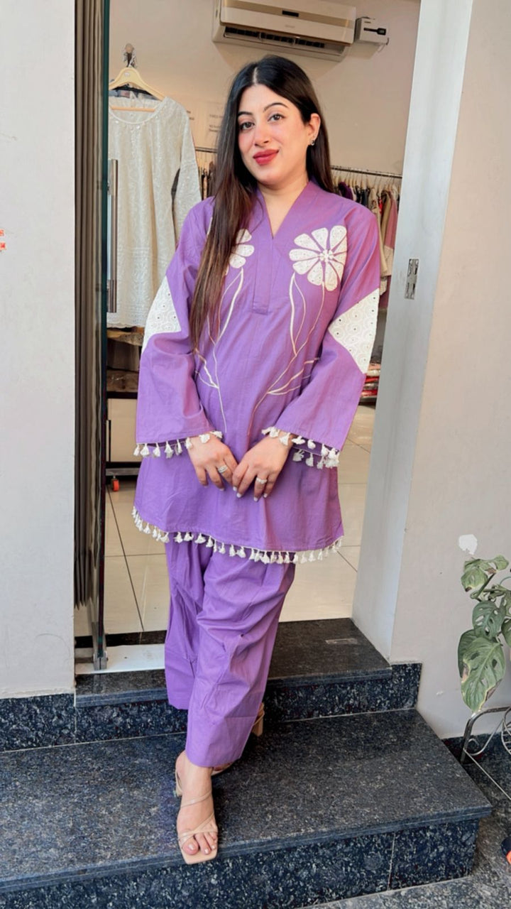 PURPLE SCHIFFLI DETAILING FARSHI SALWAR SET