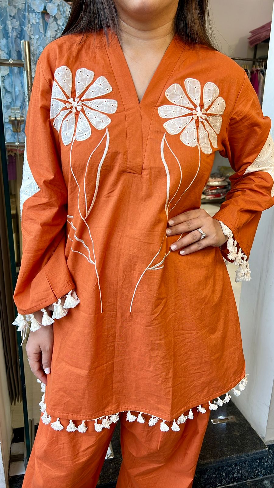 ORANGE SCHIFFLI DETAILING FARSHI SALWAR SET
