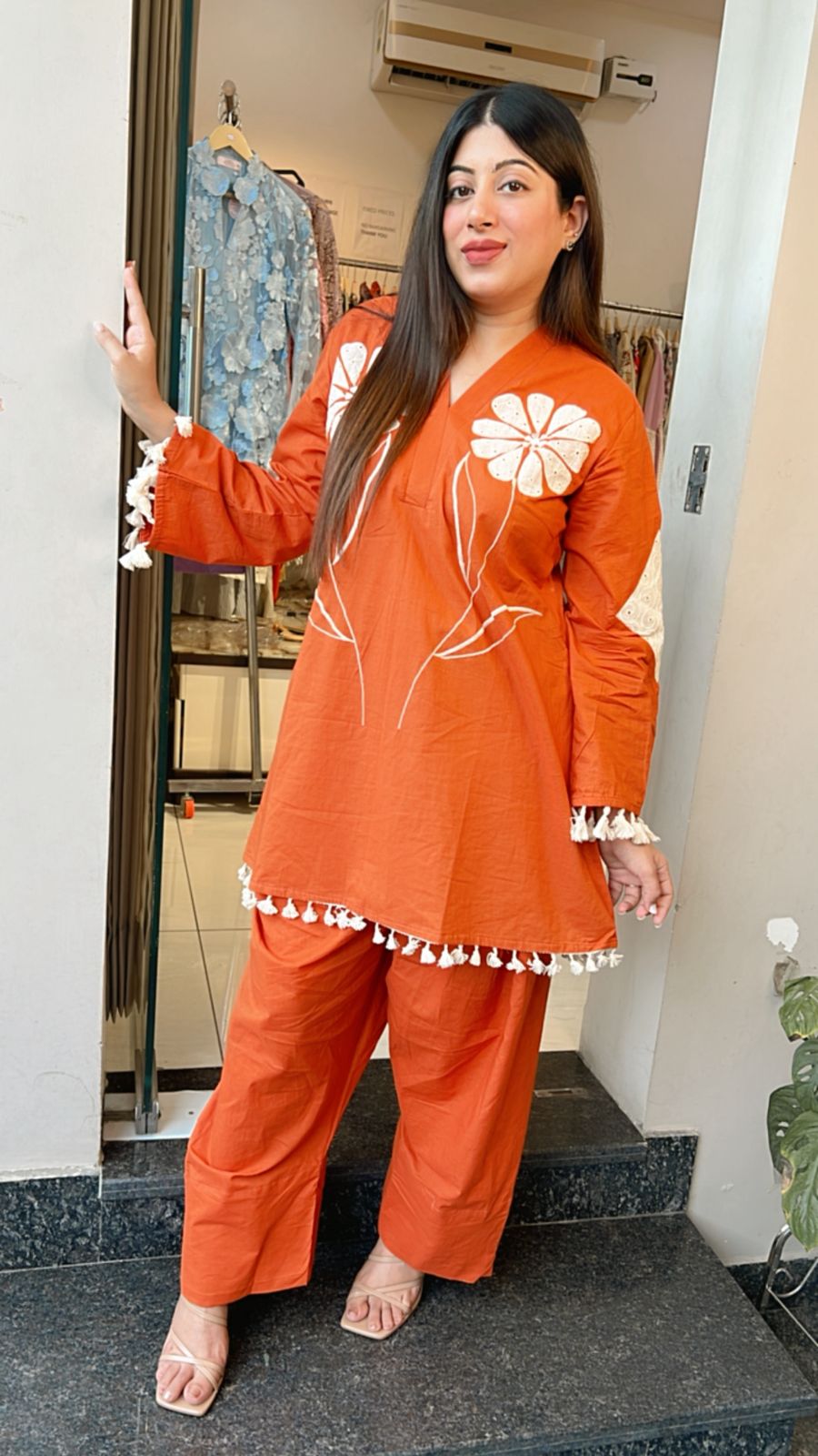 ORANGE SCHIFFLI DETAILING FARSHI SALWAR SET