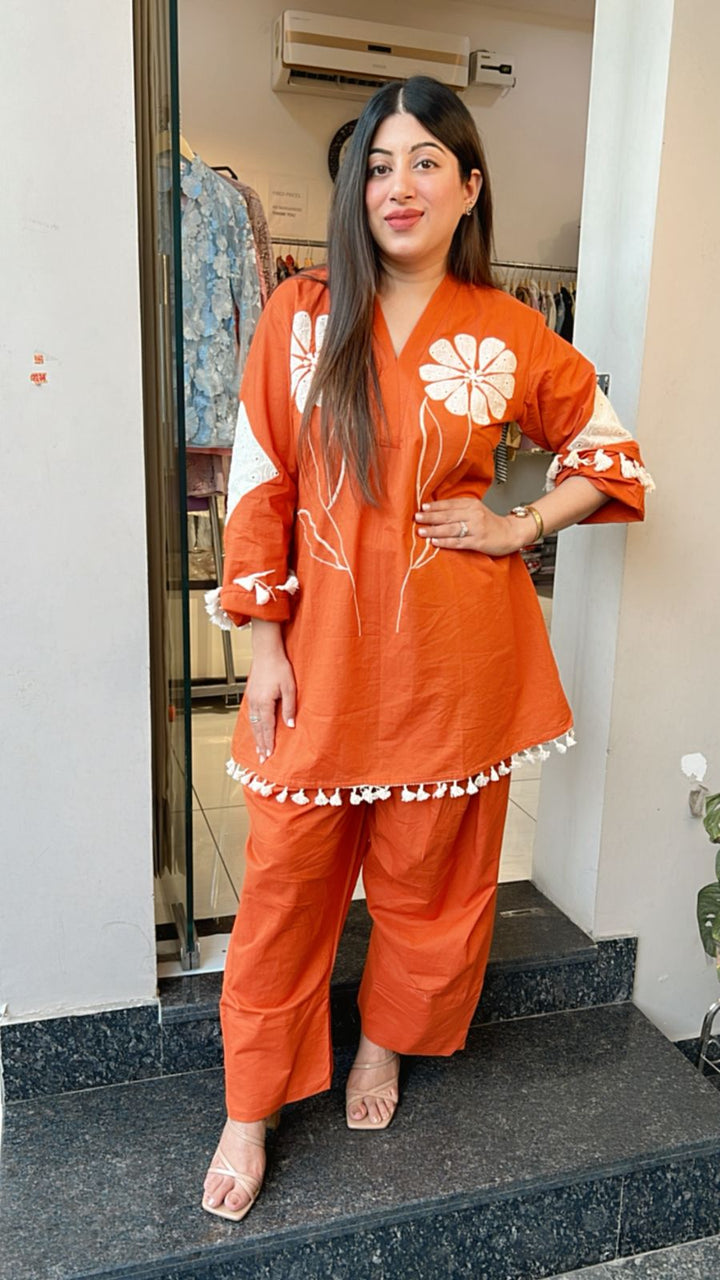 ORANGE SCHIFFLI DETAILING FARSHI SALWAR SET