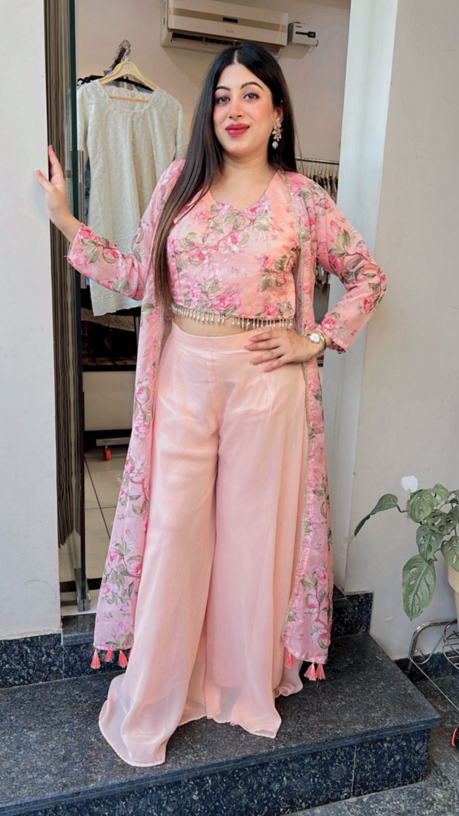 EMBELLISHED PEACH INDO- WESTERN SET