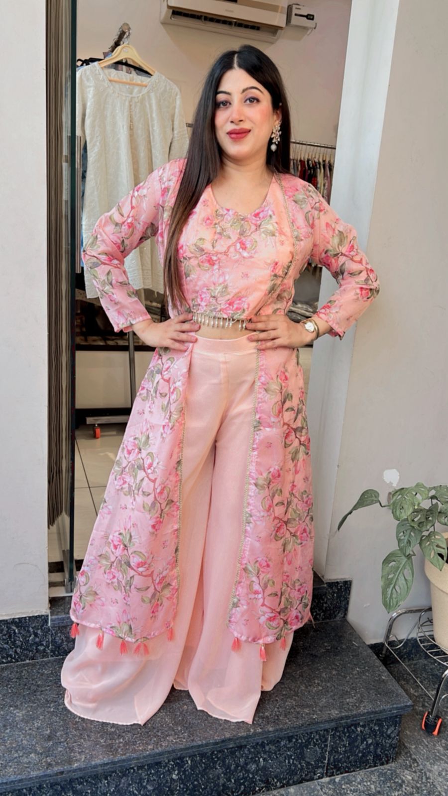 EMBELLISHED PEACH INDO- WESTERN SET