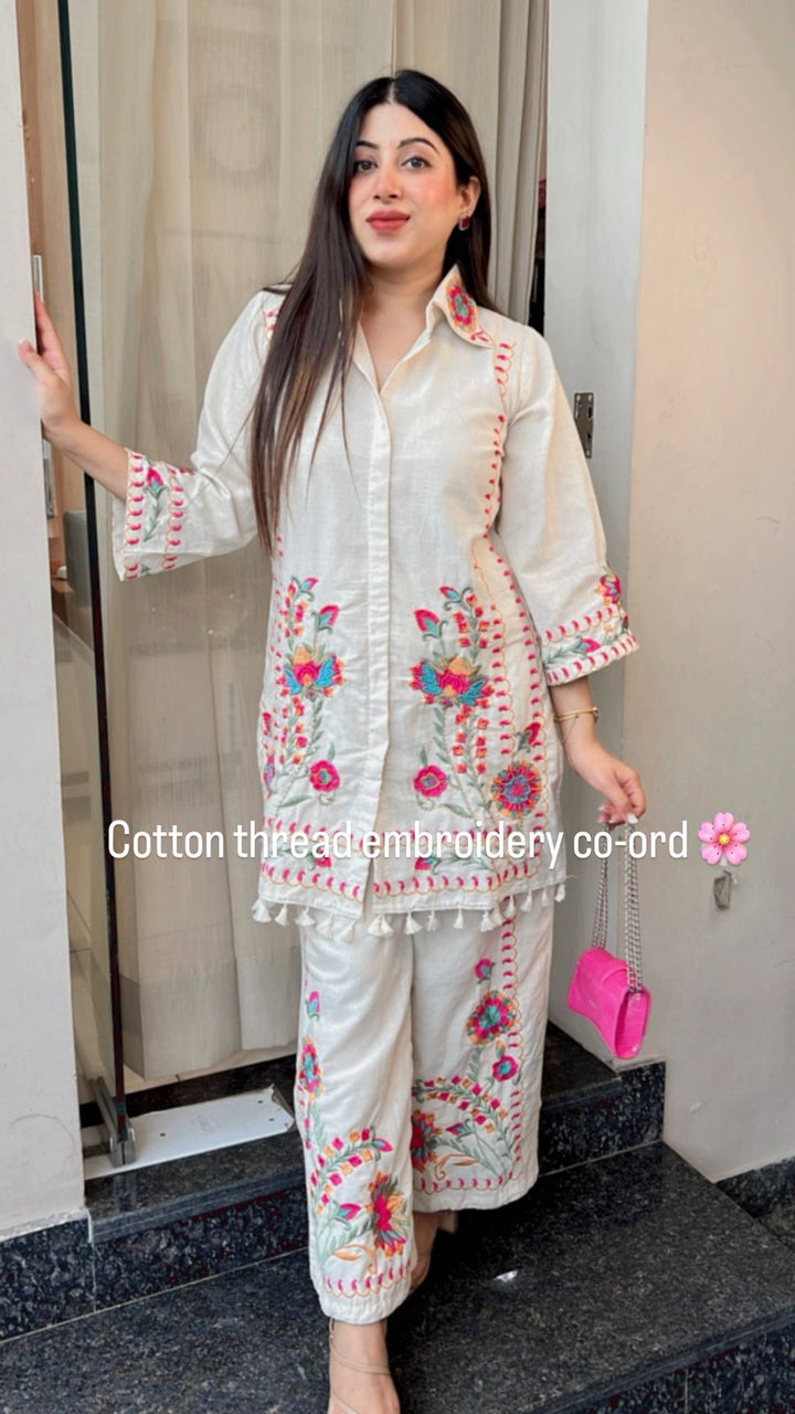 COTTON THREAD EMBROIDERY CO-ORD WITH MOTI HIGHLIGHTING