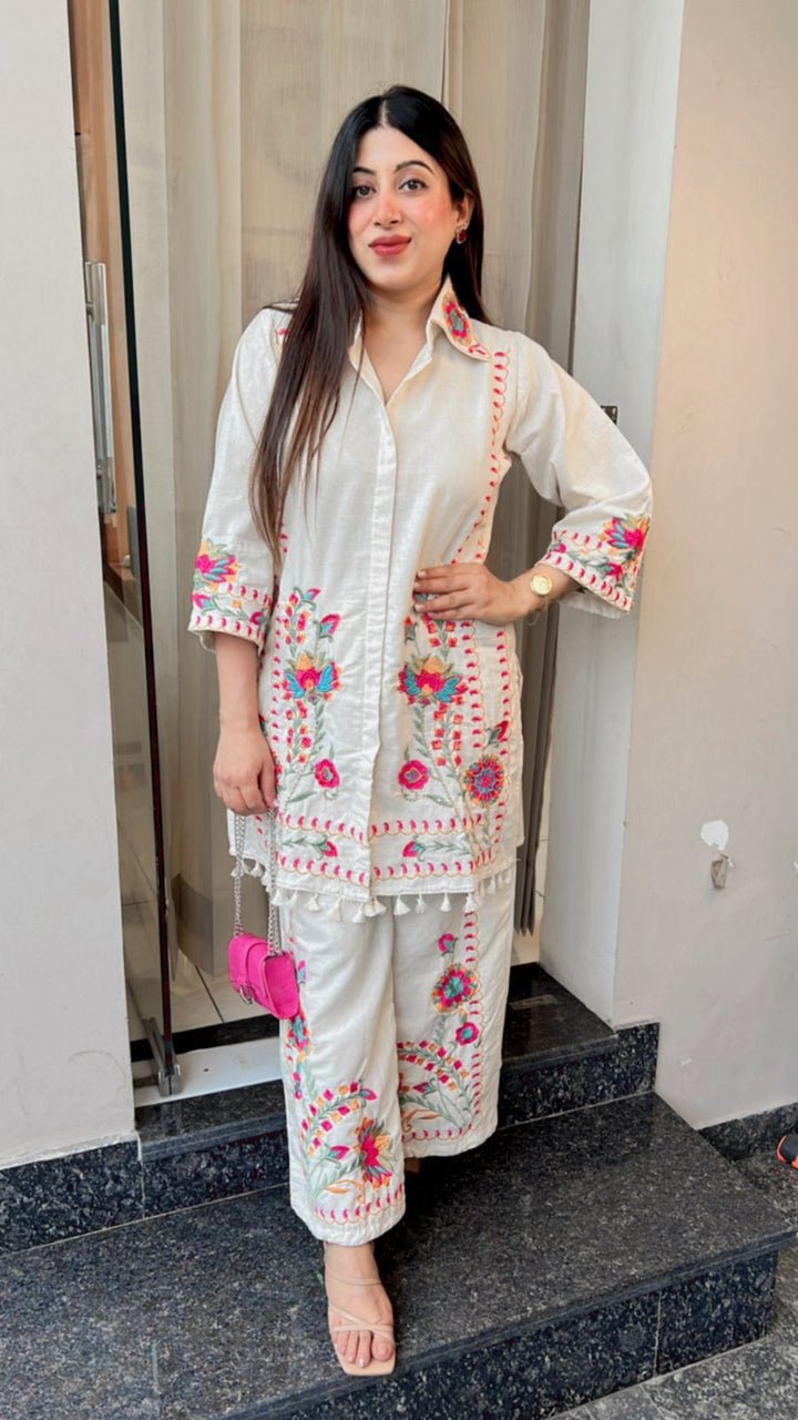 COTTON THREAD EMBROIDERY CO-ORD WITH MOTI HIGHLIGHTING
