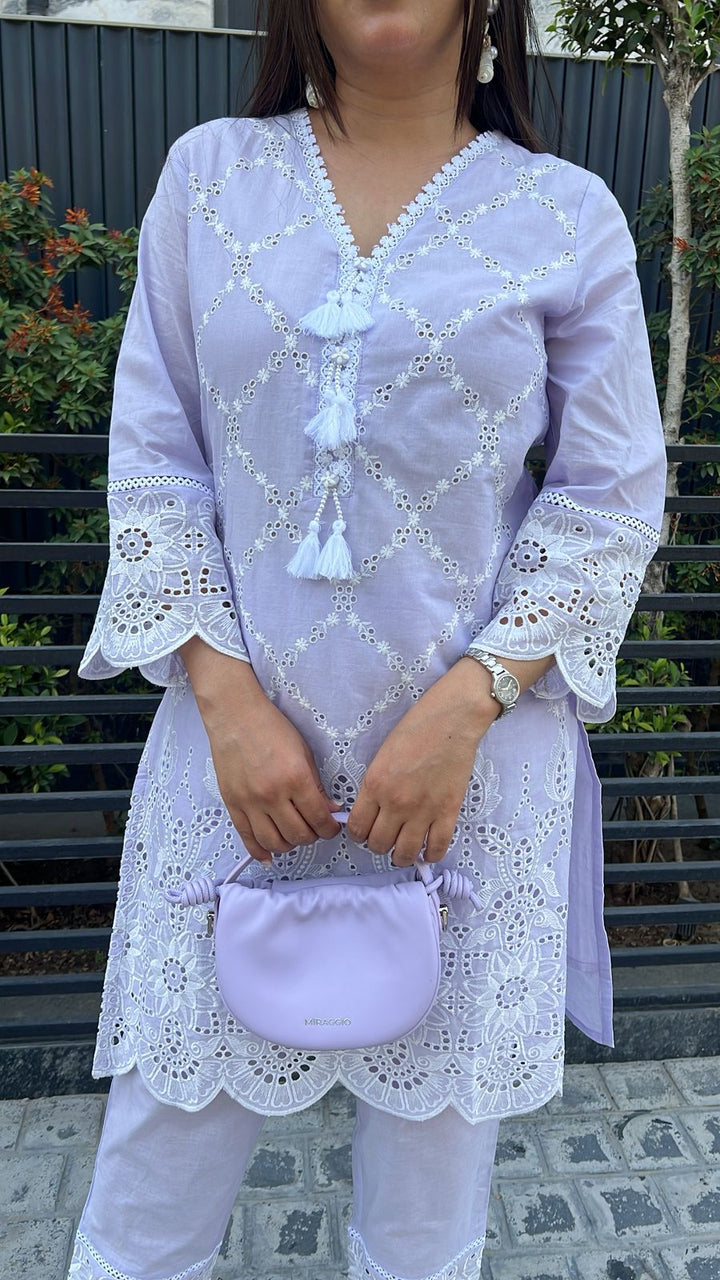 LAVENDER Schiffli co-ord with tassel detailing