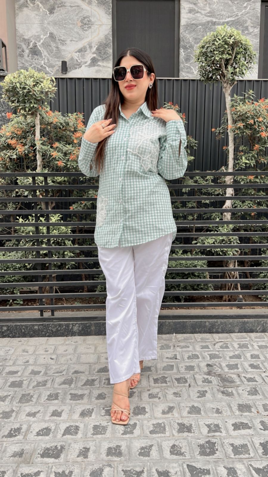 GINGHAM PRINT  FLORAL GREEN COTTON CO-ORD
