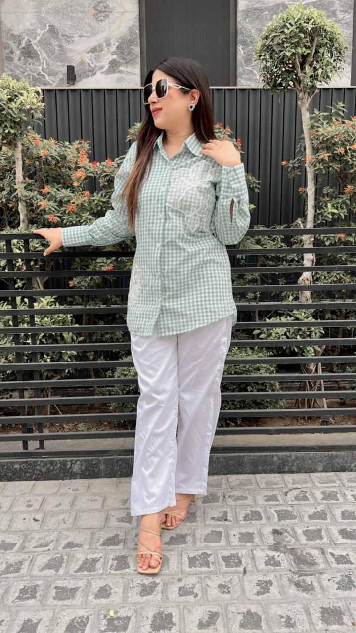GINGHAM PRINT  FLORAL GREEN COTTON CO-ORD