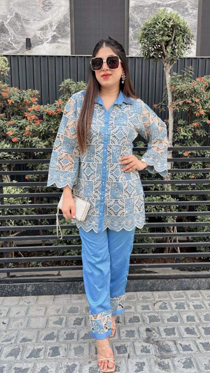 Blue Cutwork Co-ord