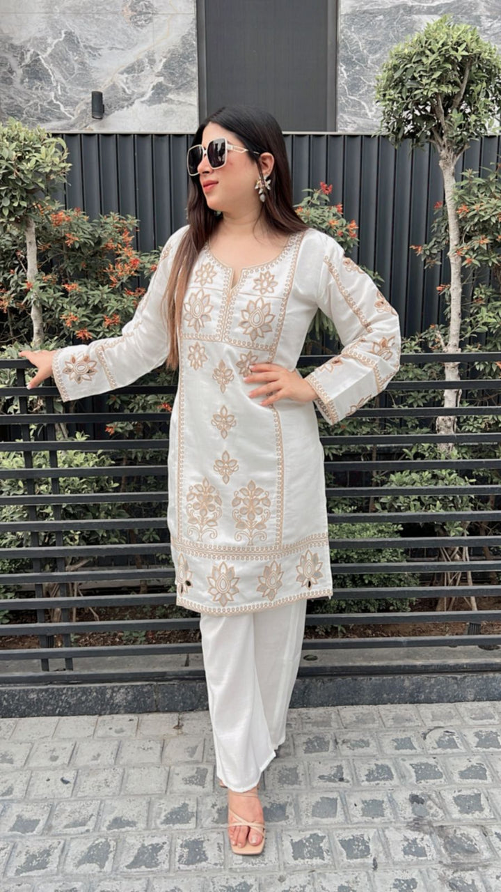white lasercut beige embroidery co-ord