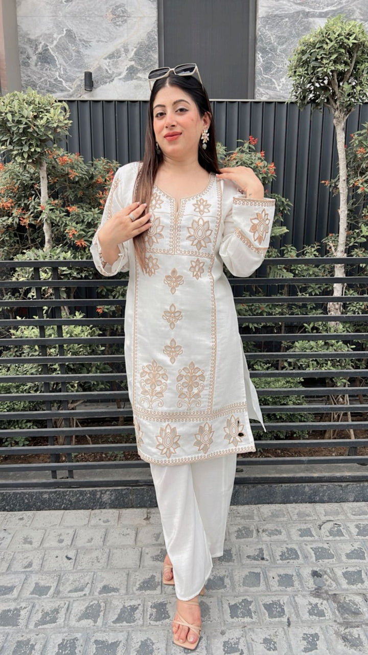 white lasercut beige embroidery co-ord