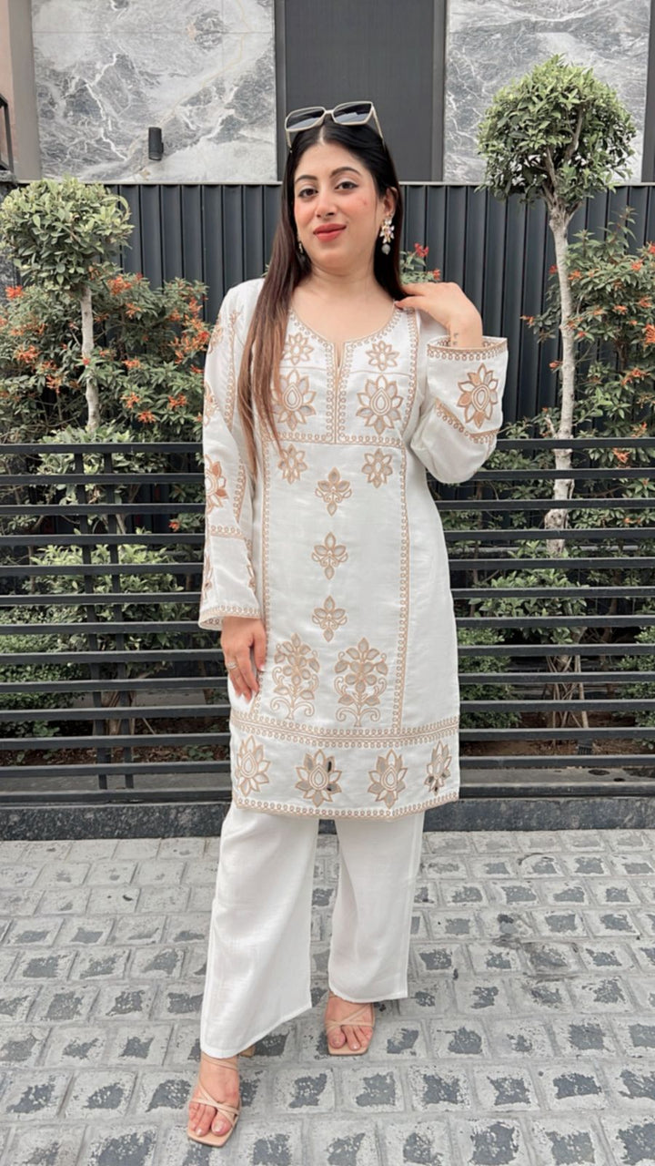 white lasercut beige embroidery co-ord