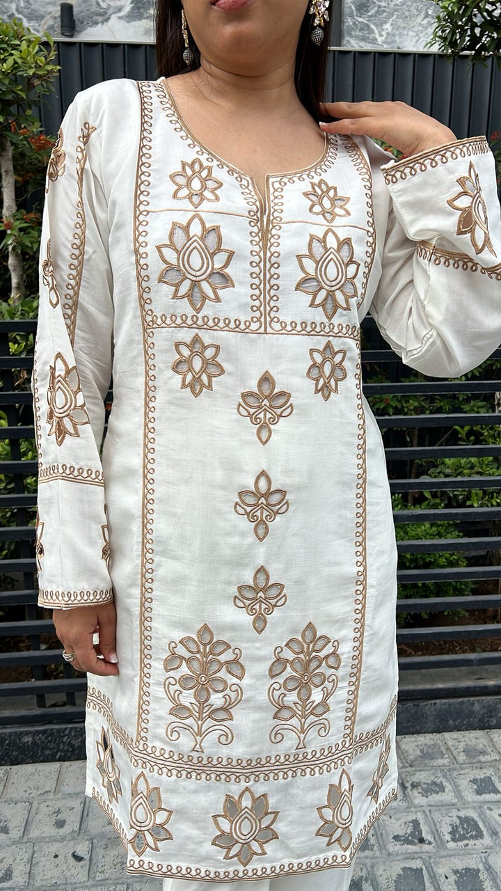 white lasercut beige embroidery co-ord