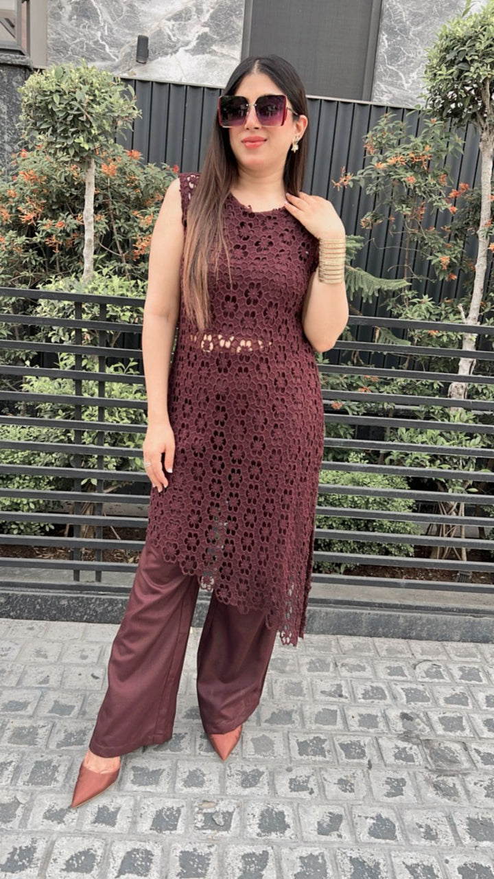 COFFEE BROWN COTTON CROCHET CO-ORD WITH LINING