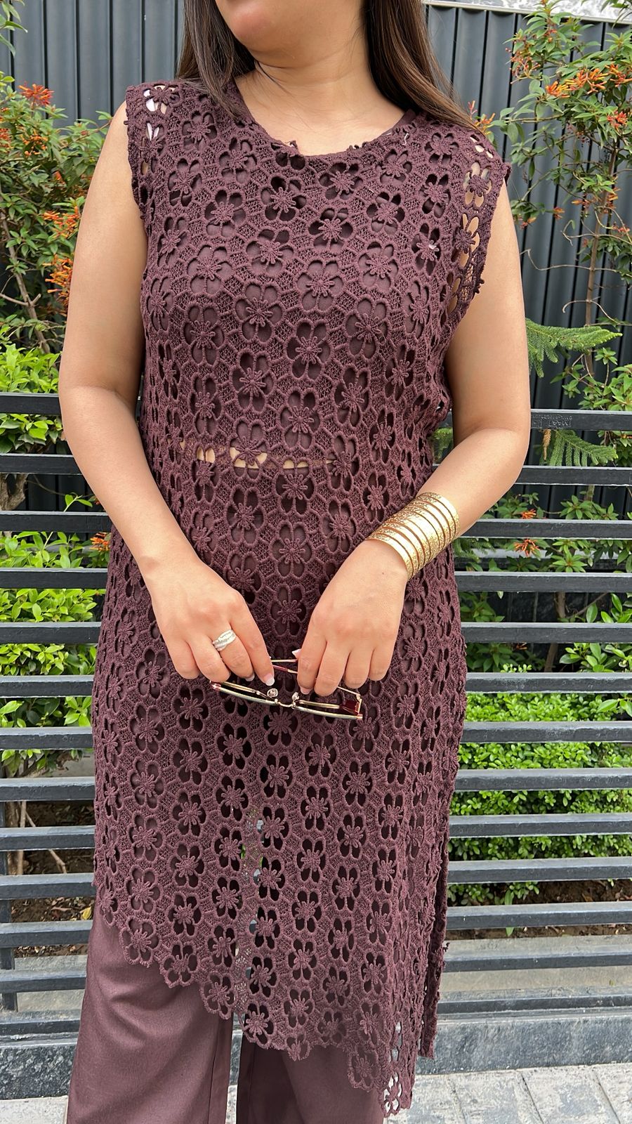COFFEE BROWN COTTON CROCHET CO-ORD WITH LINING