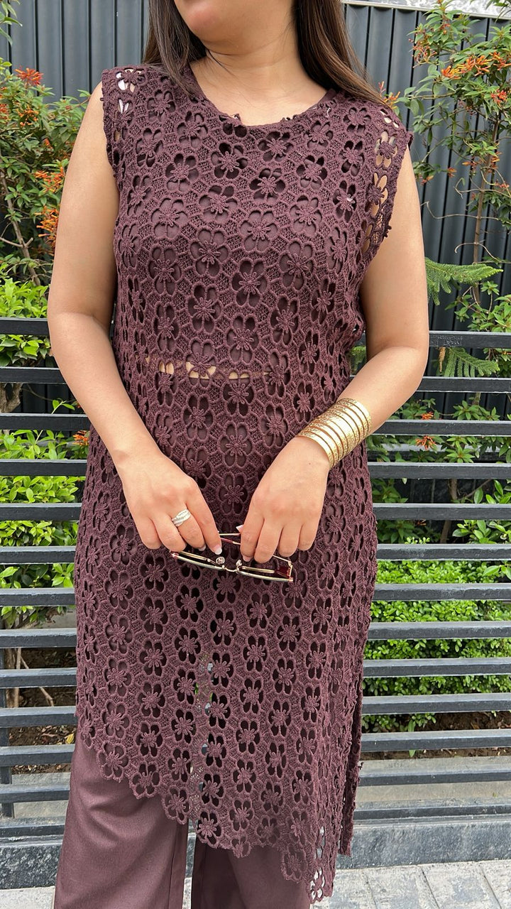 COFFEE BROWN COTTON CROCHET CO-ORD WITH LINING