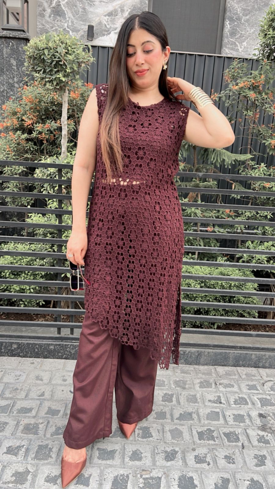 COFFEE BROWN COTTON CROCHET CO-ORD WITH LINING