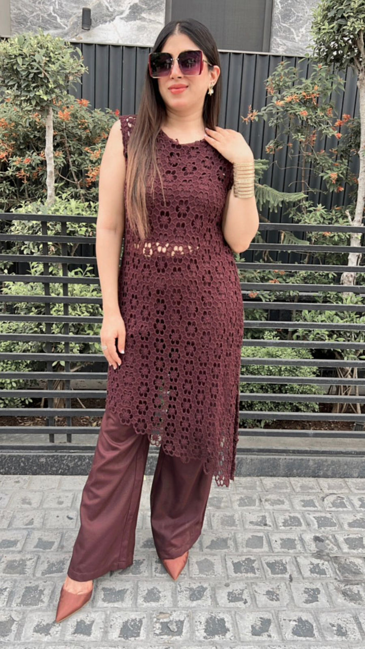 COFFEE BROWN COTTON CROCHET CO-ORD WITH LINING