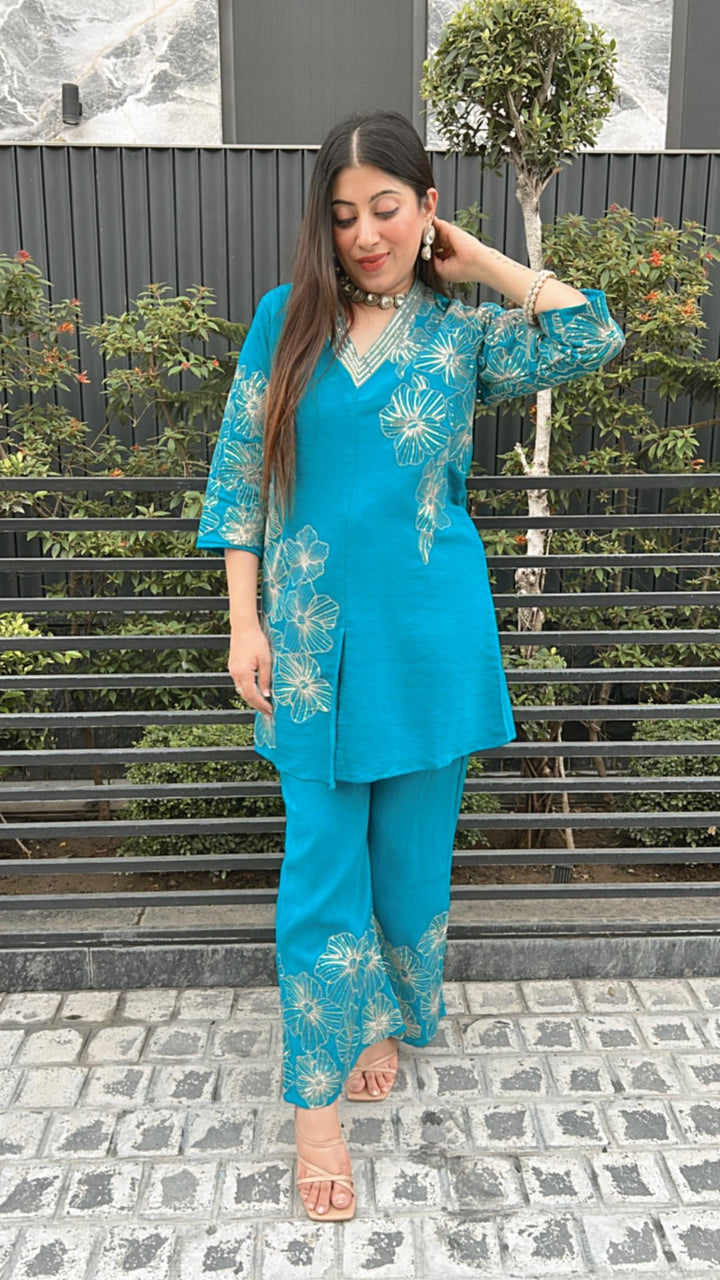 TURQOUISE BLUE SEQUIN EMBELLISHED CO-ORD
