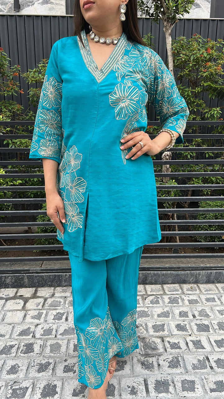 TURQOUISE BLUE SEQUIN EMBELLISHED CO-ORD