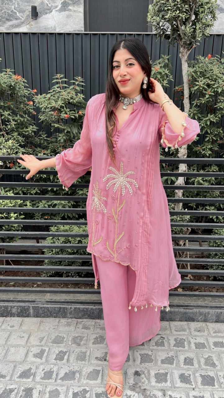 PINK ORGANZA SILK HANDWORK CO-ORD