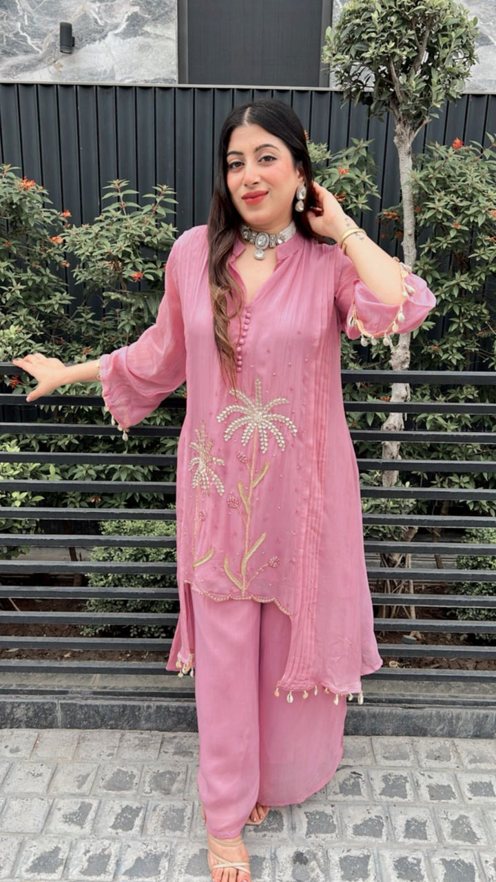 PINK ORGANZA SILK HANDWORK CO-ORD