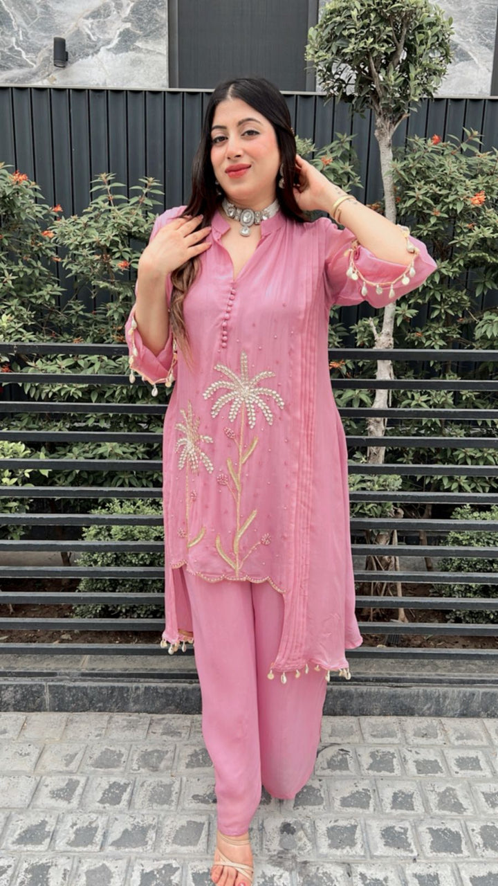 PINK ORGANZA SILK HANDWORK CO-ORD