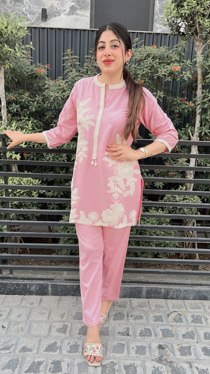 PINK FLORAL EMBROIDERY CO-ORD
