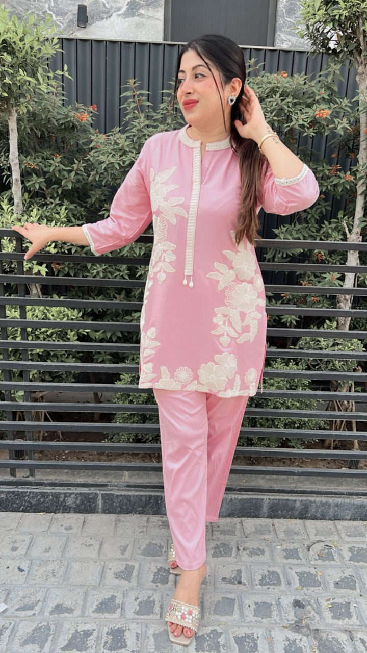 PINK FLORAL EMBROIDERY CO-ORD