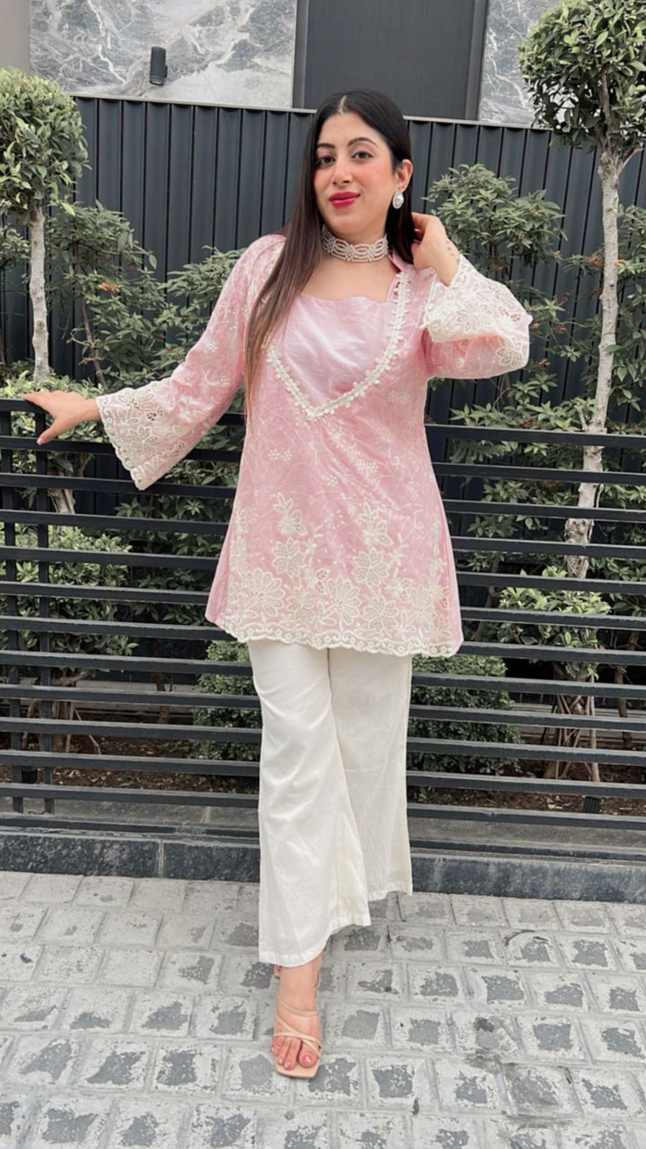 PINK 3pc Cotton Partywear Co-ord Set With Short Inner