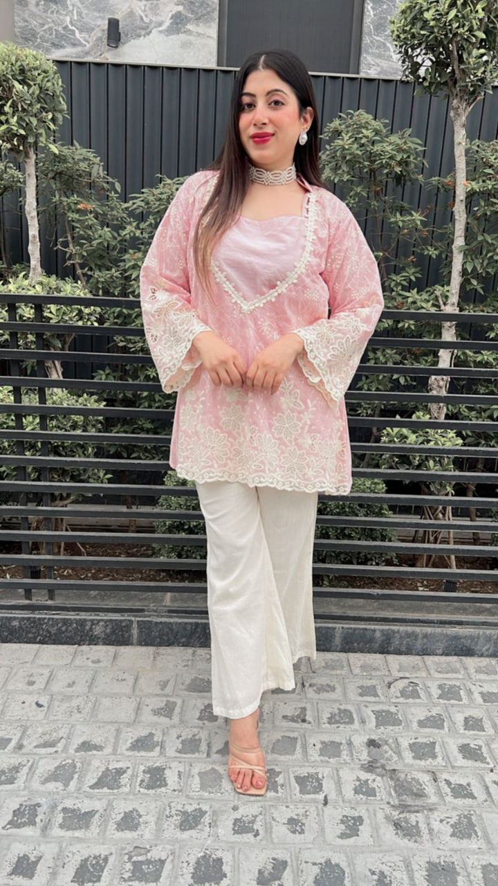 PINK 3pc Cotton Partywear Co-ord Set With Short Inner
