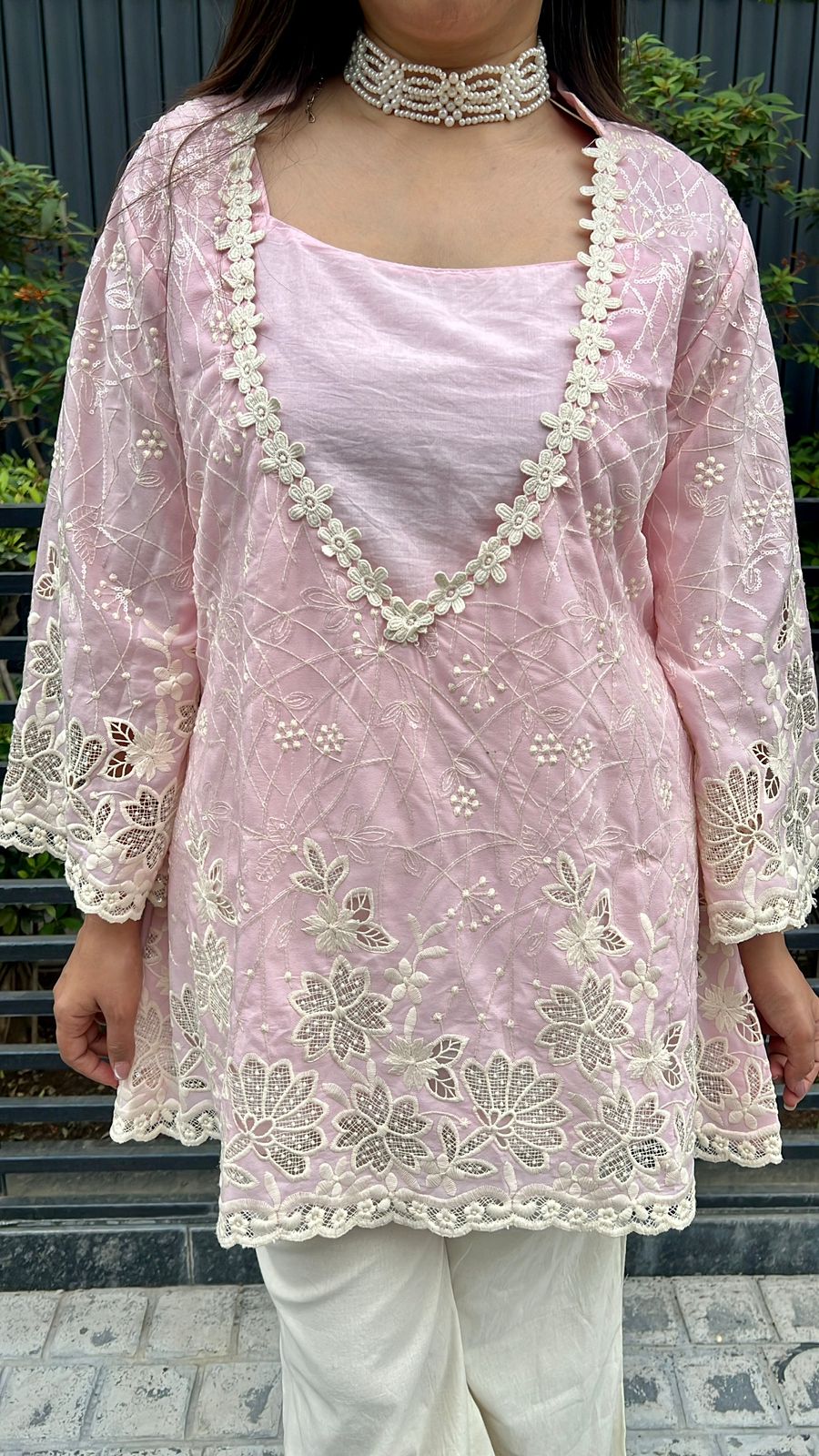 PINK 3pc Cotton Partywear Co-ord Set With Short Inner